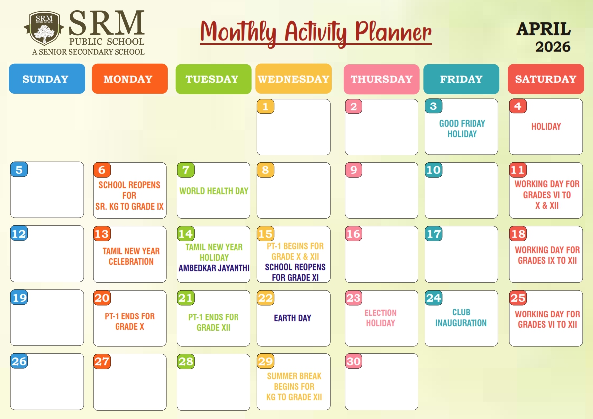 Monthley Activity Chart Monthly Activity Planner – April 2026 - SRM Public School